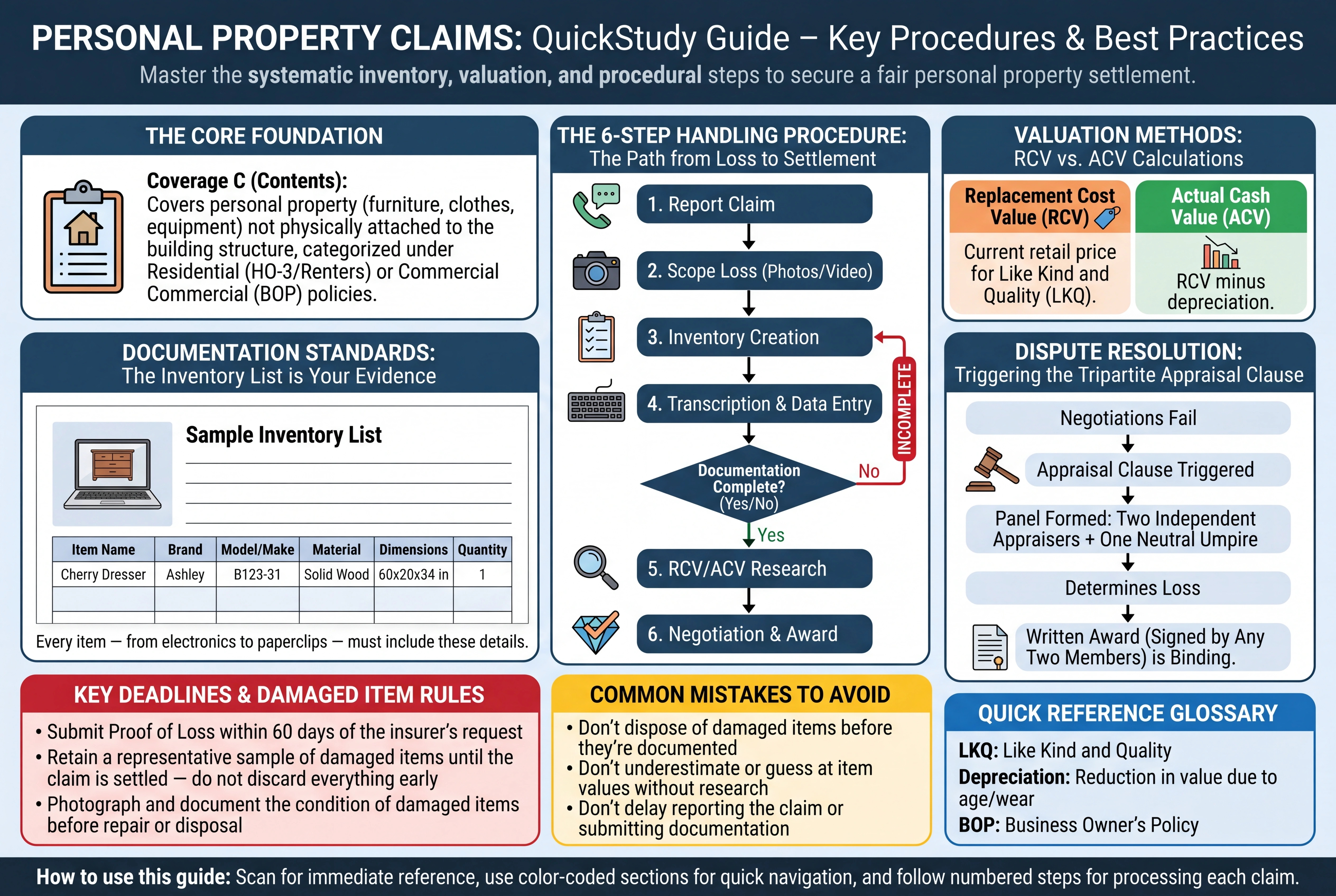 Personal Property Claims QuickStudy — inventory, RCV/ACV, appraisal clause